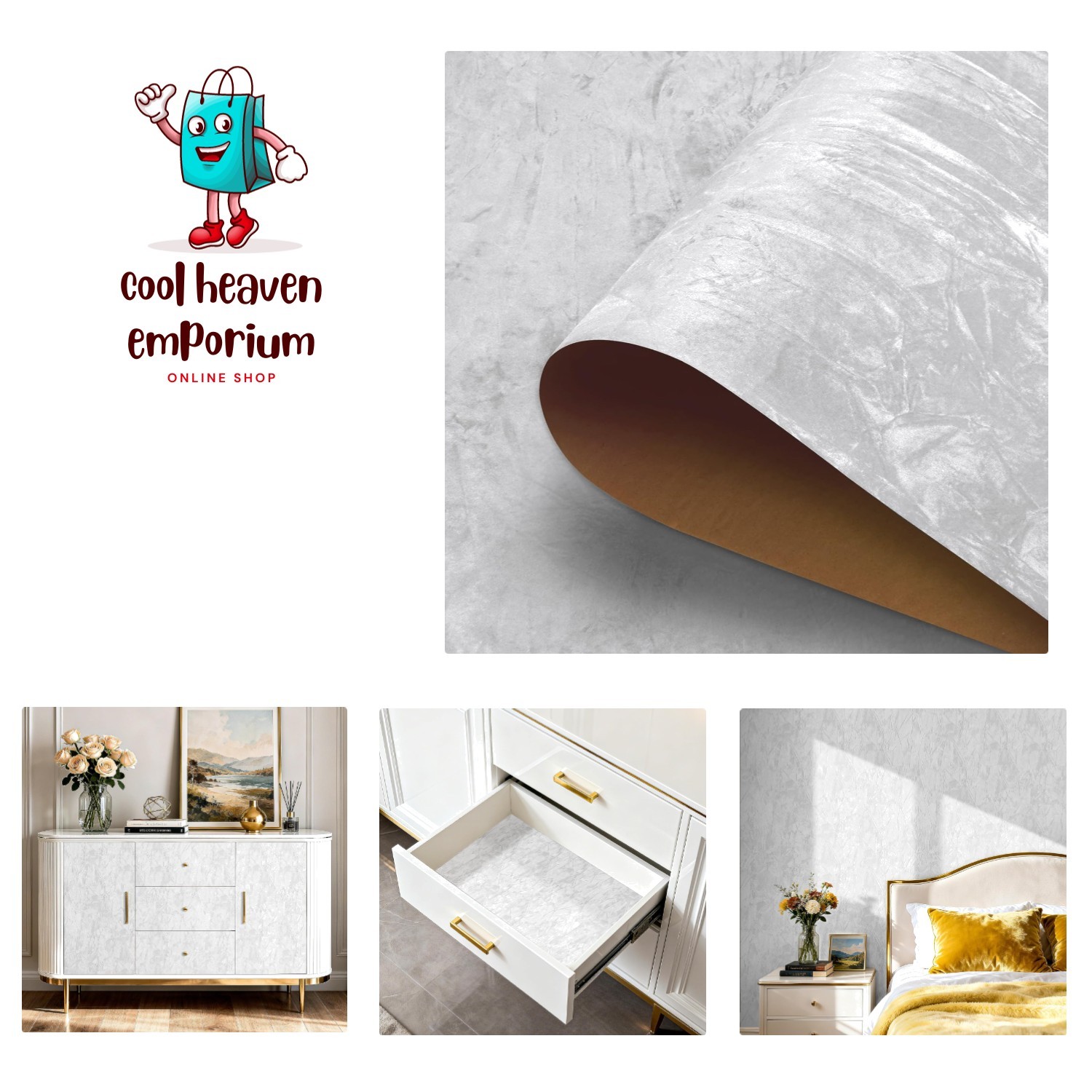 Peel & Stick Crushed Velvet Wallpaper - 66 Sq.ft White Flock for Rugs & More