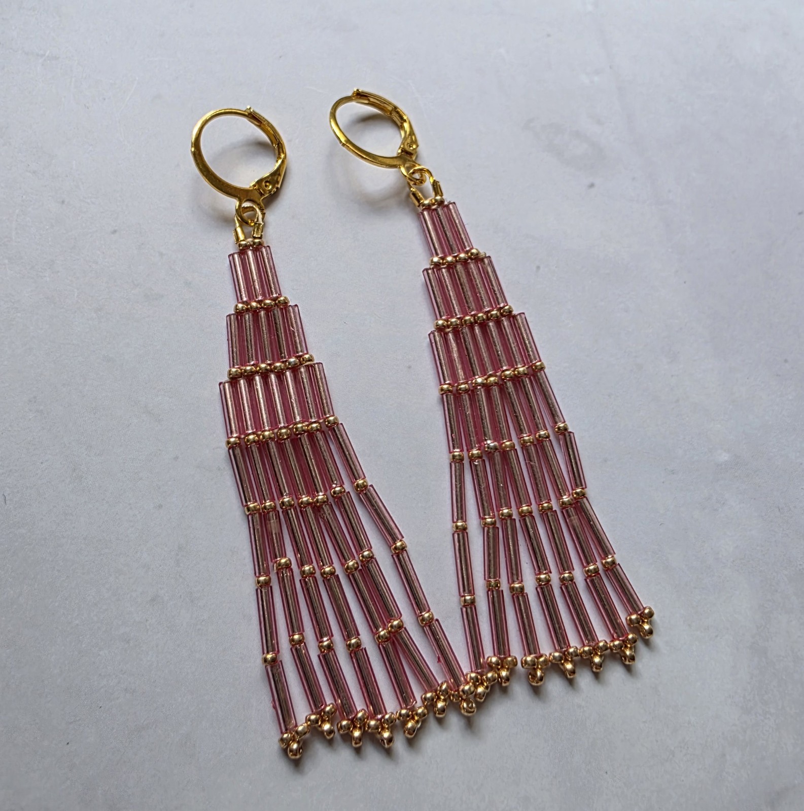 Handcrafted Pink Gold Glass Beaded Tube Dangle Earrings Leverback for Women