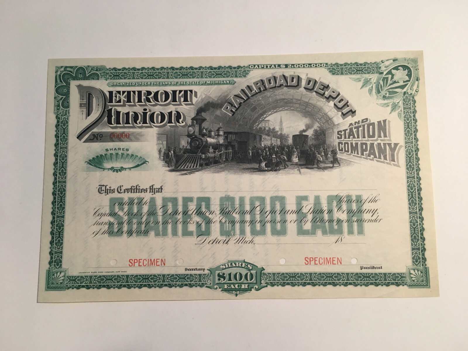 18xx  DETROIT UNION DEPOT STATION  STOCK CERTIFICATE RAILROAD RAILWAY