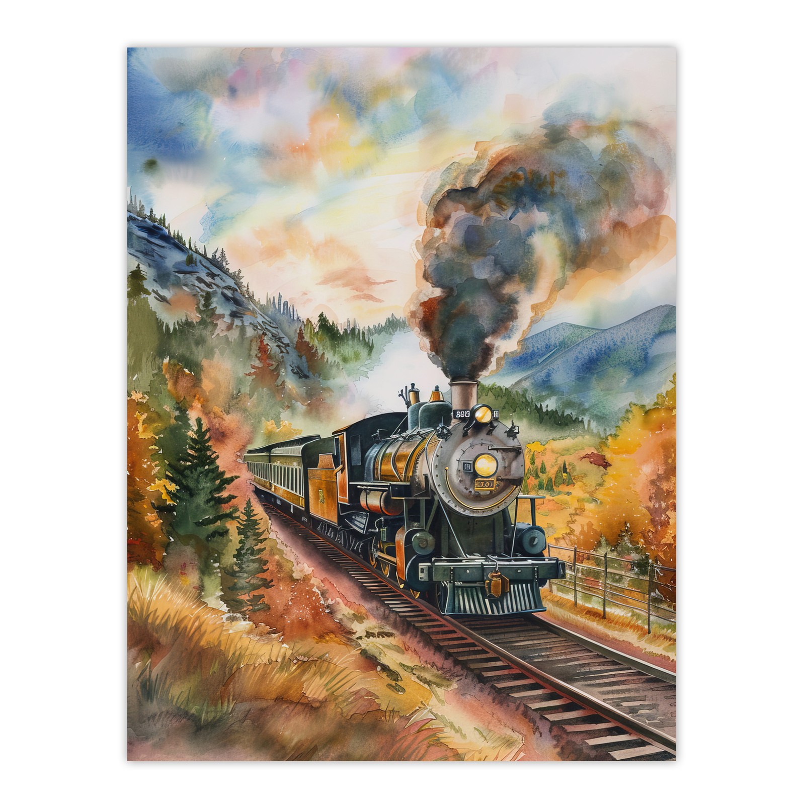 Locomotive Train Passing Through Autumn Forest Wall Art Poster Print
