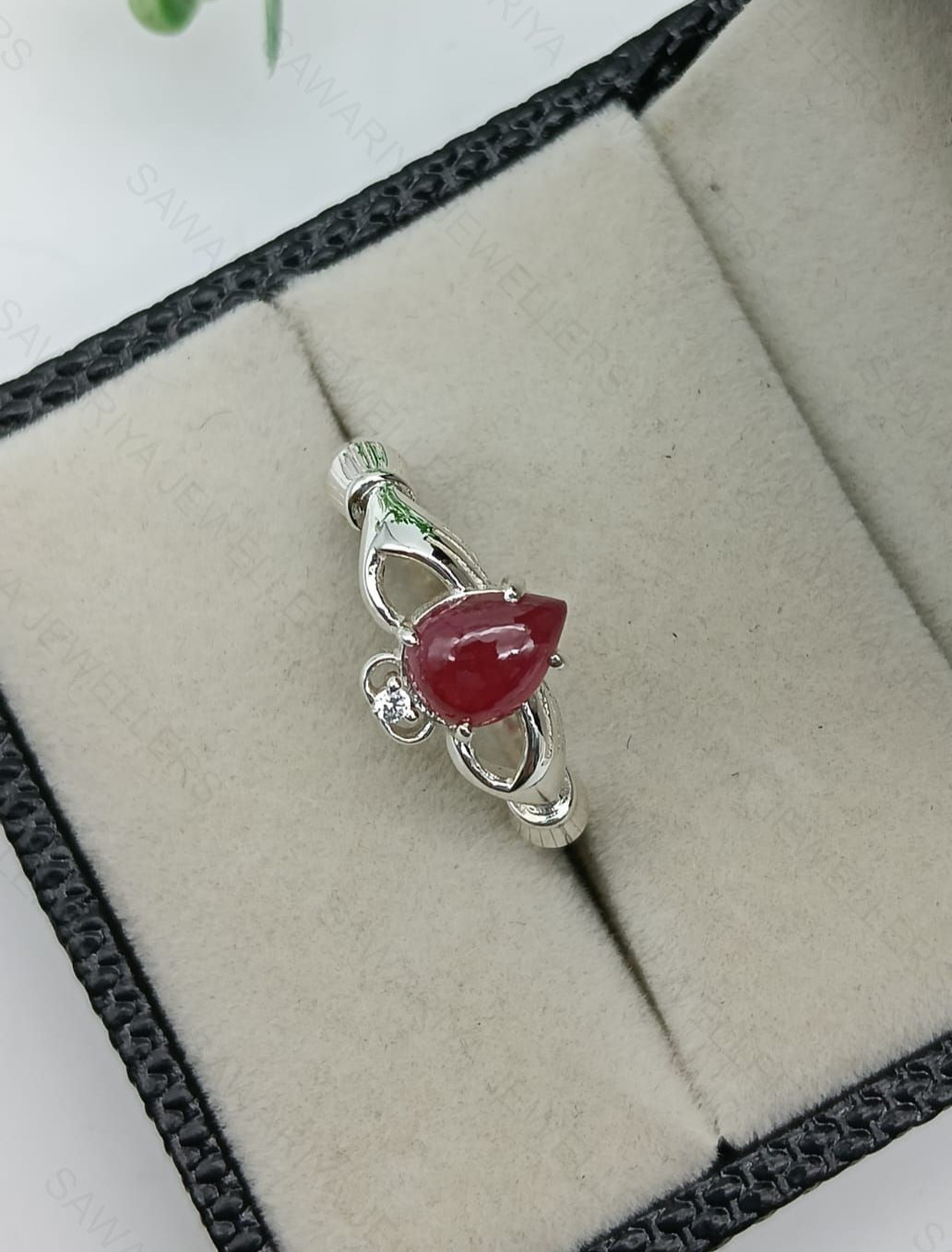 Pear Cut Ruby Diamond Silver Ring,July Birthstone Ring,Engagement Women Ring