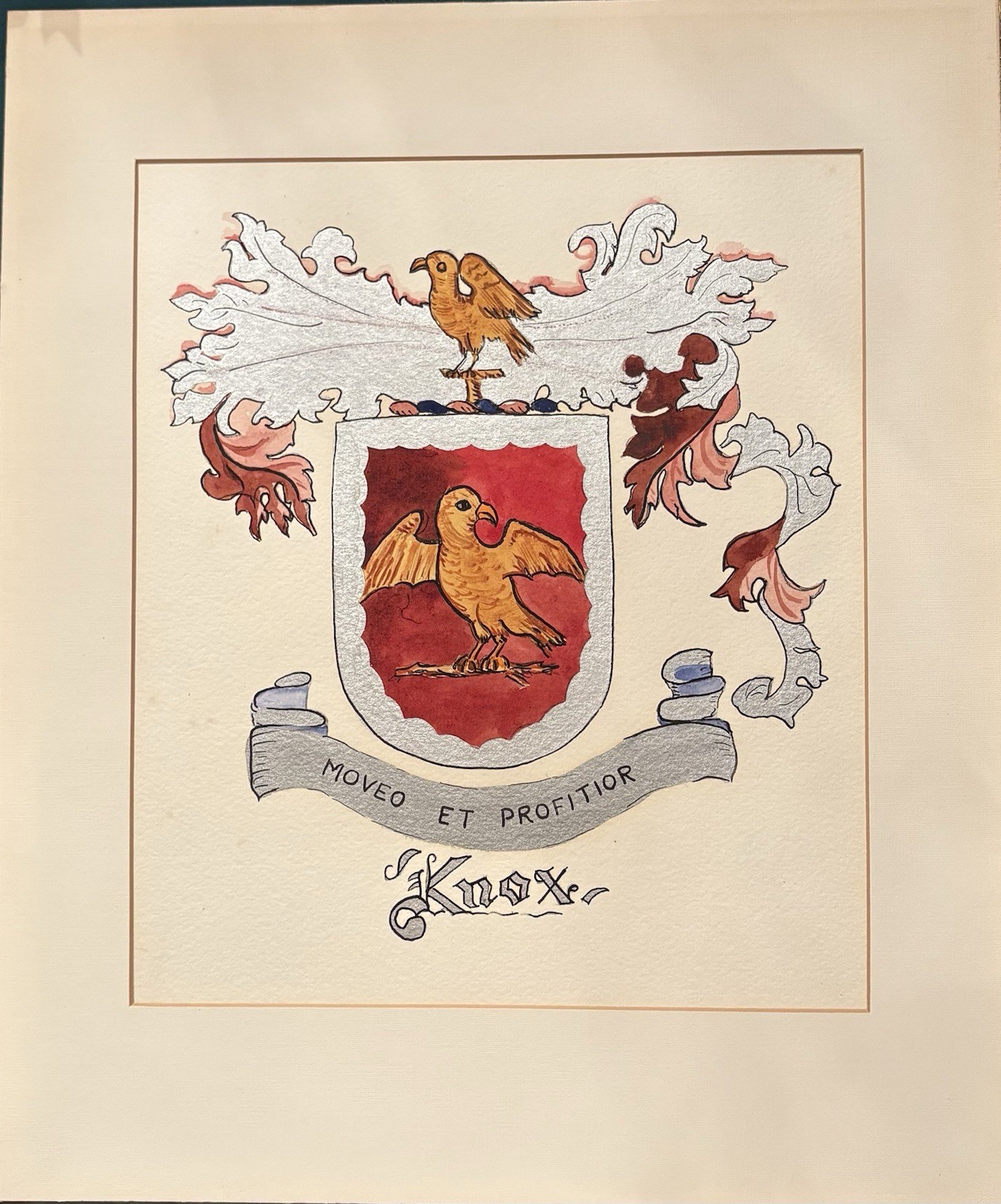 Vintage Hand Painted Family Crest Coat of Arms Knox Eagle Colorful Matted 11x13”