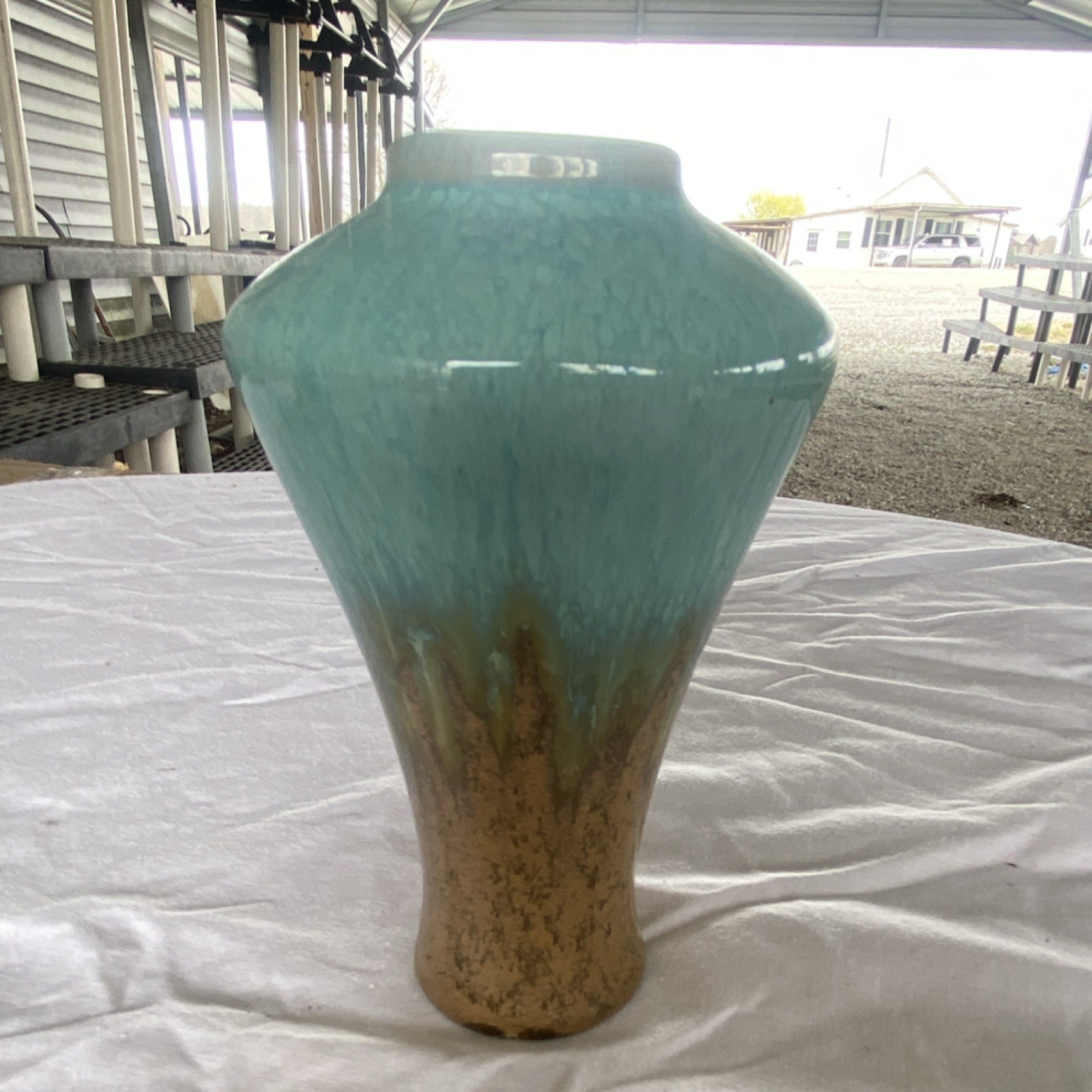 Turquoise Brown Ombré Glossy Ceramic Pottery Vase Decorative Accent 6"x4"