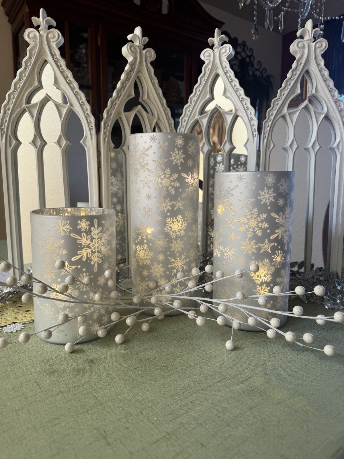 Set Of 3 IlluminatedSnowflake Hurricanes By Valerie FROST WHITE