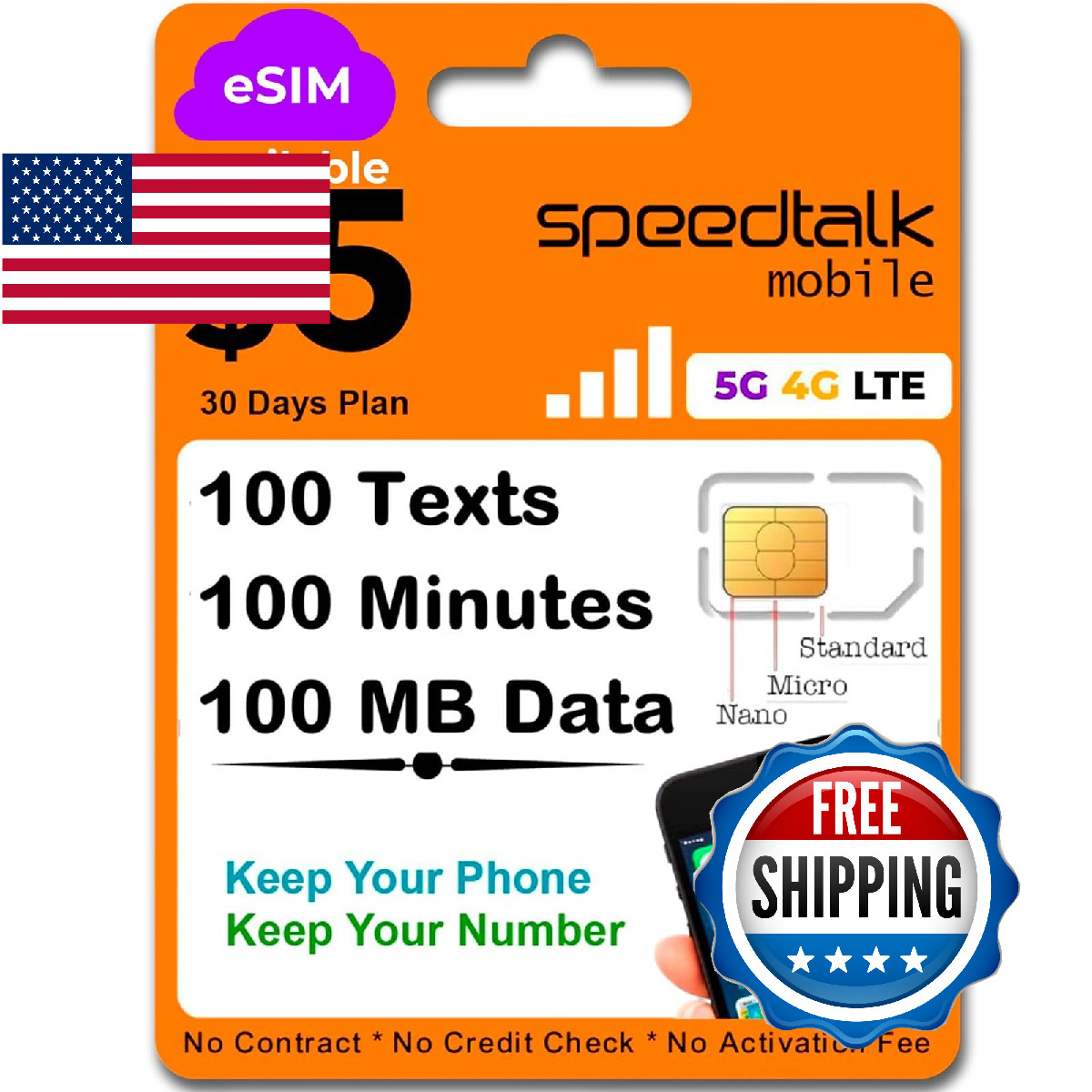 SpeedTalk Mobile Prepaid 3-in-1 SIM Card Kit for Unlocked 5G 4G LTE Phones $5/Mo