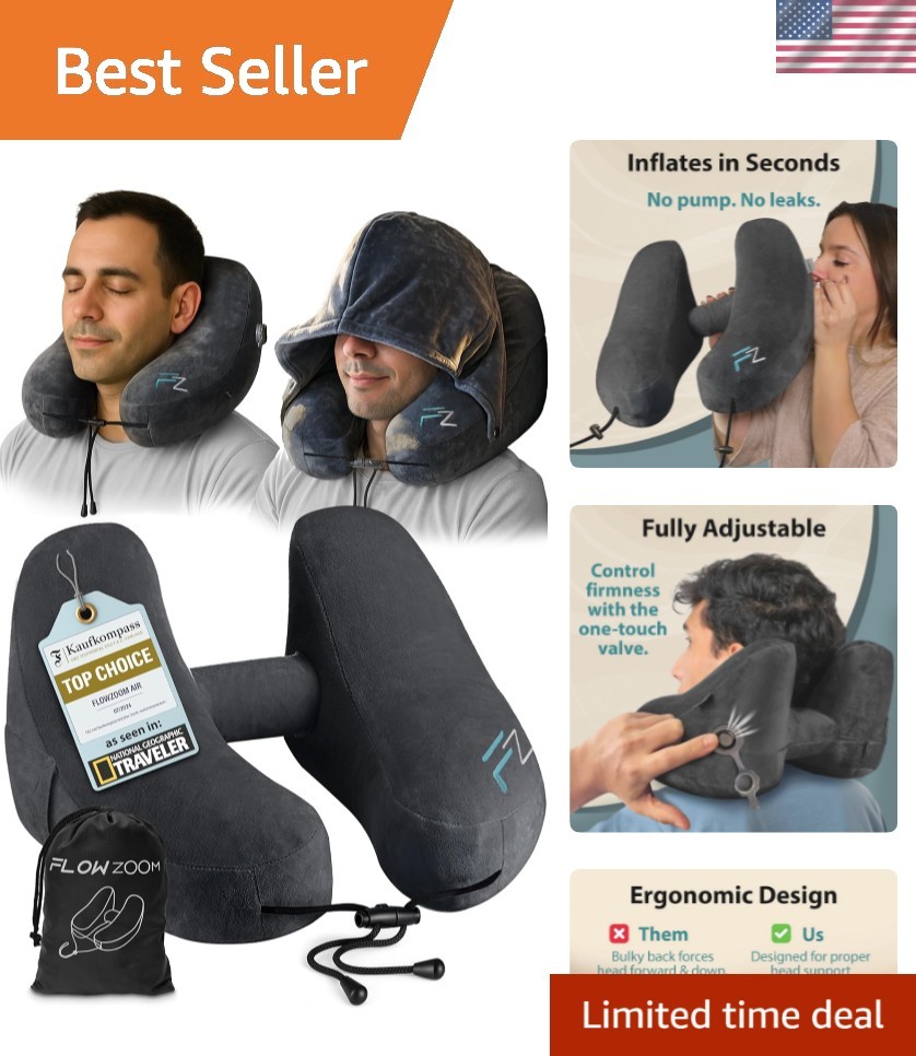 Air Inflatable Neck Pillow for Traveling on Plane - H-Shape Hooded Airplane P...