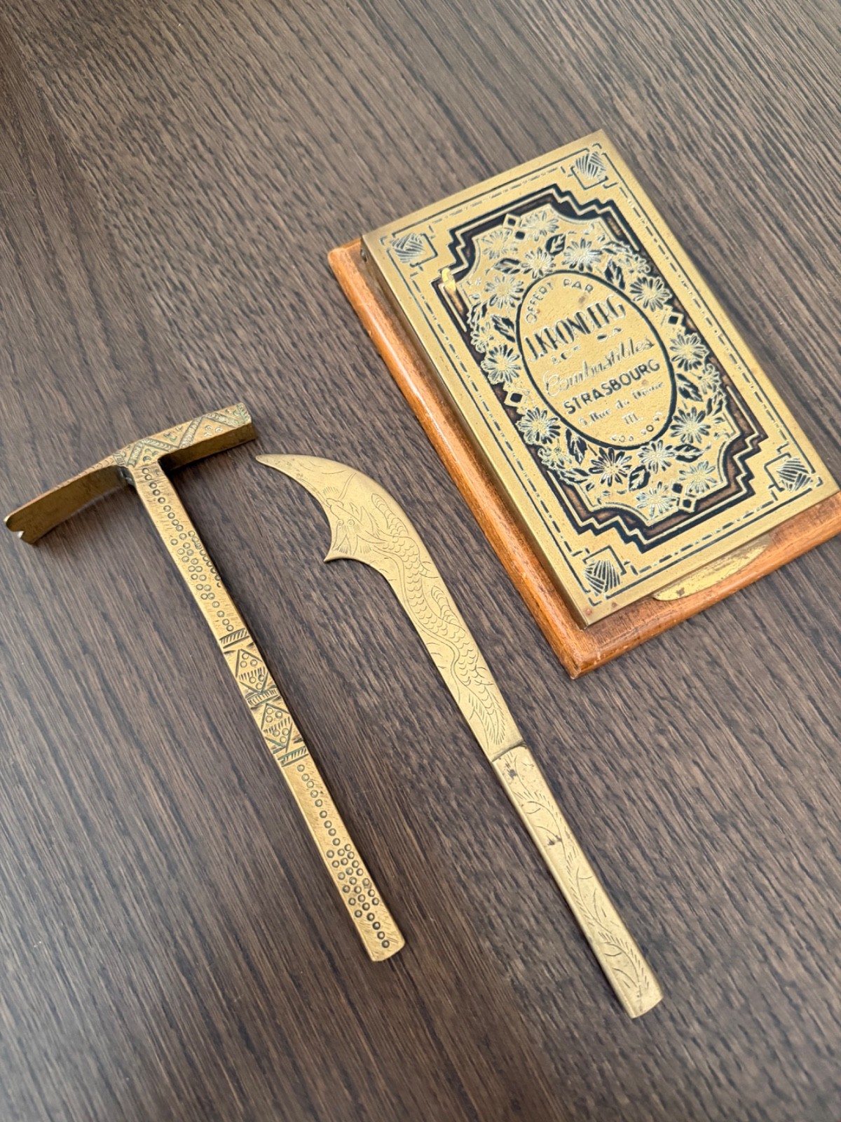 Antique Brass Advertising Paper Cutter + Block Holder - Strasbourg