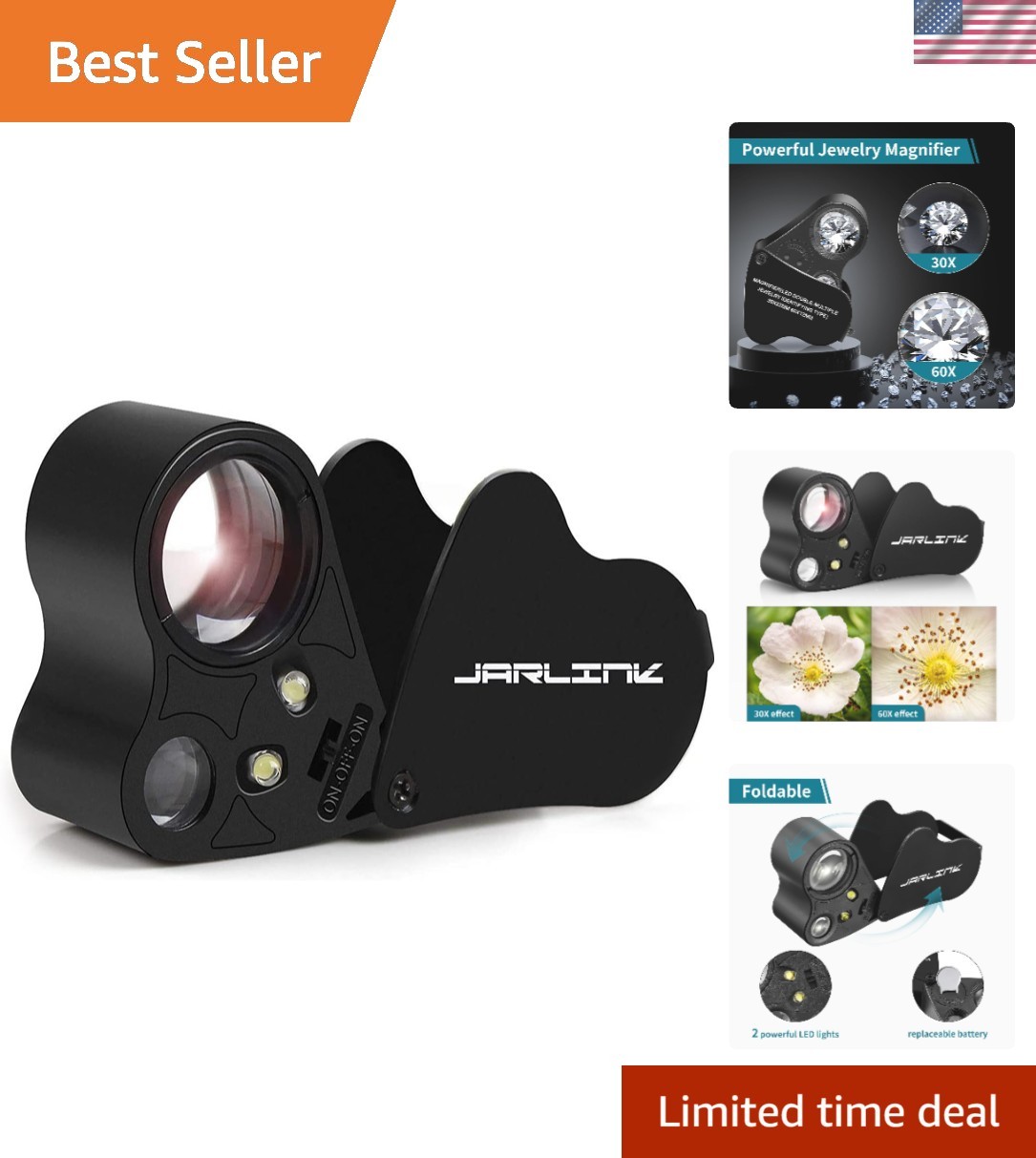 Portable 30X 60X Illuminated Jewelry Magnifier with Protective Bag & LED Light