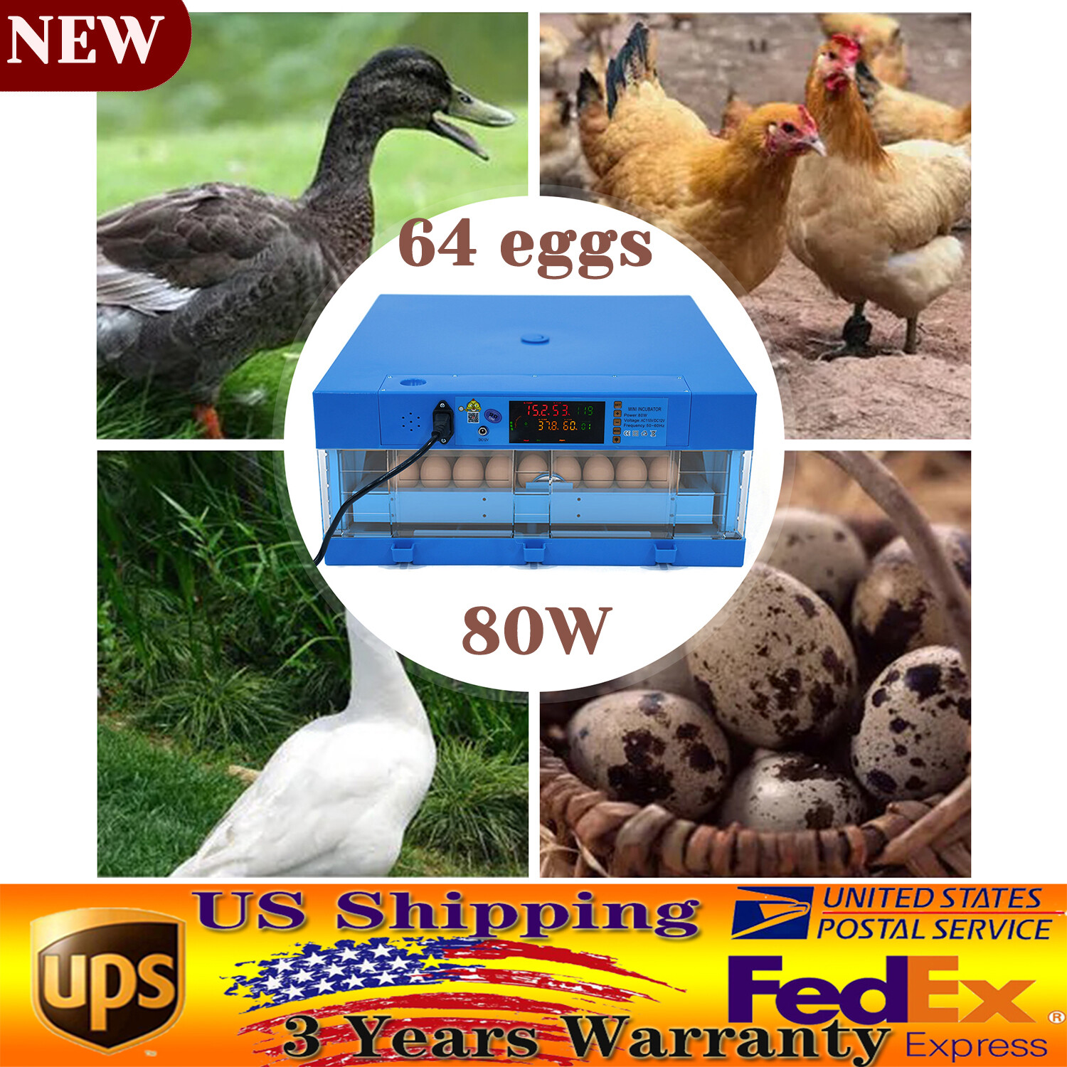 64 Eggs Digital Incubator with Fully Automatic 360°Turning Humidity Chicken Duck