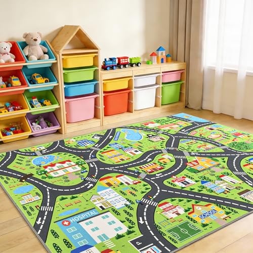 Community Kids Car Play Rug - Educational Play Mat Carpet with Fire Station, 