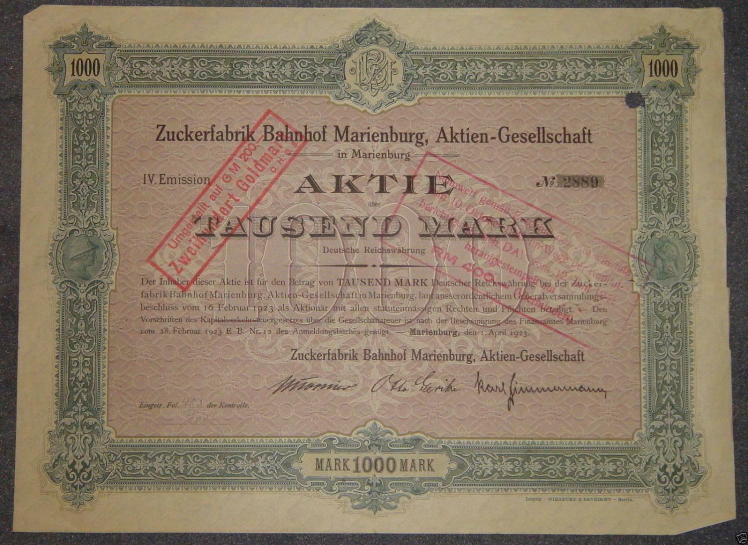 Sugar Factory Station Marienburg, Stock Company 1923 1000 Mark