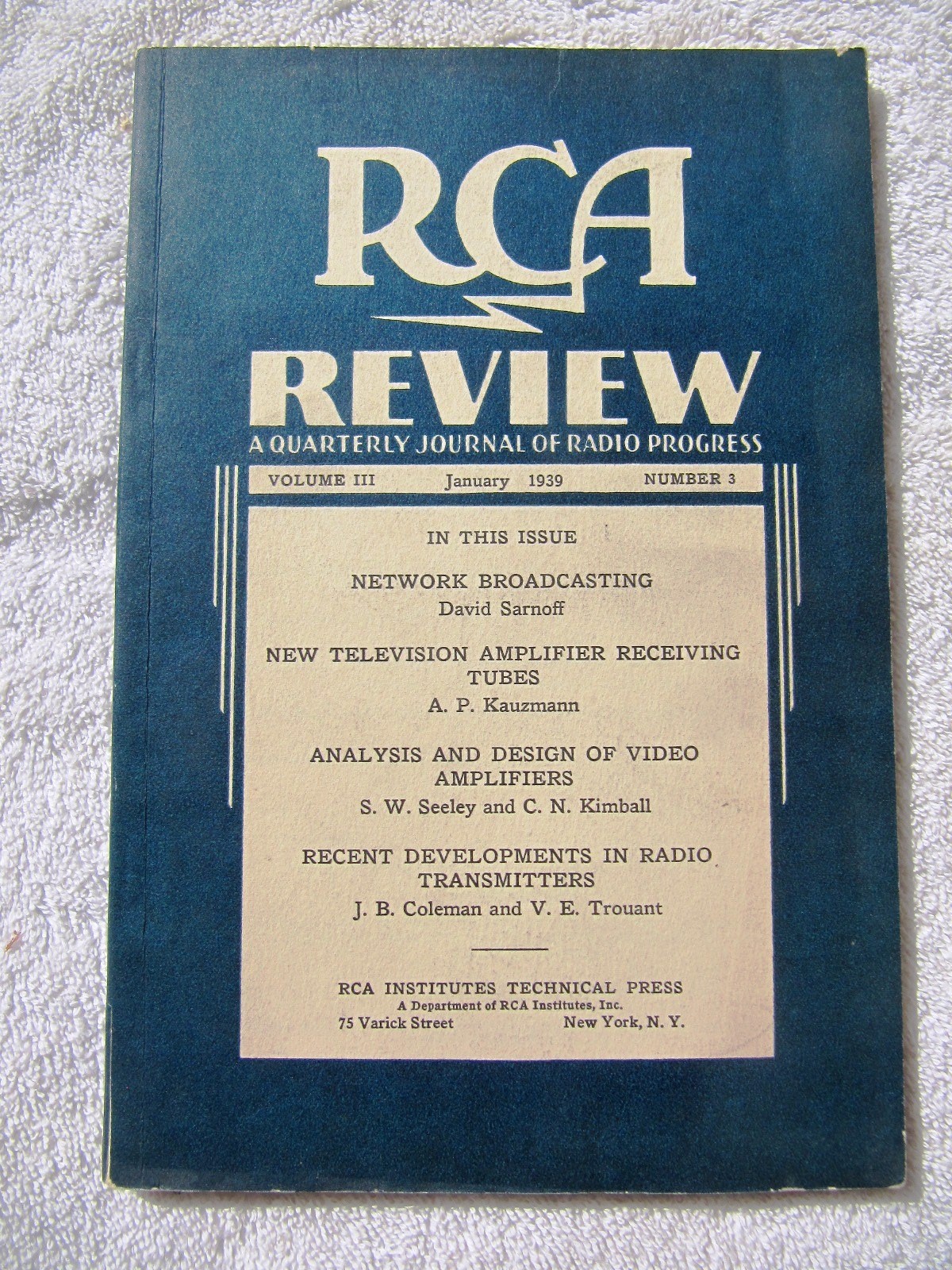 Jan. 1939 RCA REVIEW Journal RADIO PROGRESS Video Television Transmitter Sarnoff