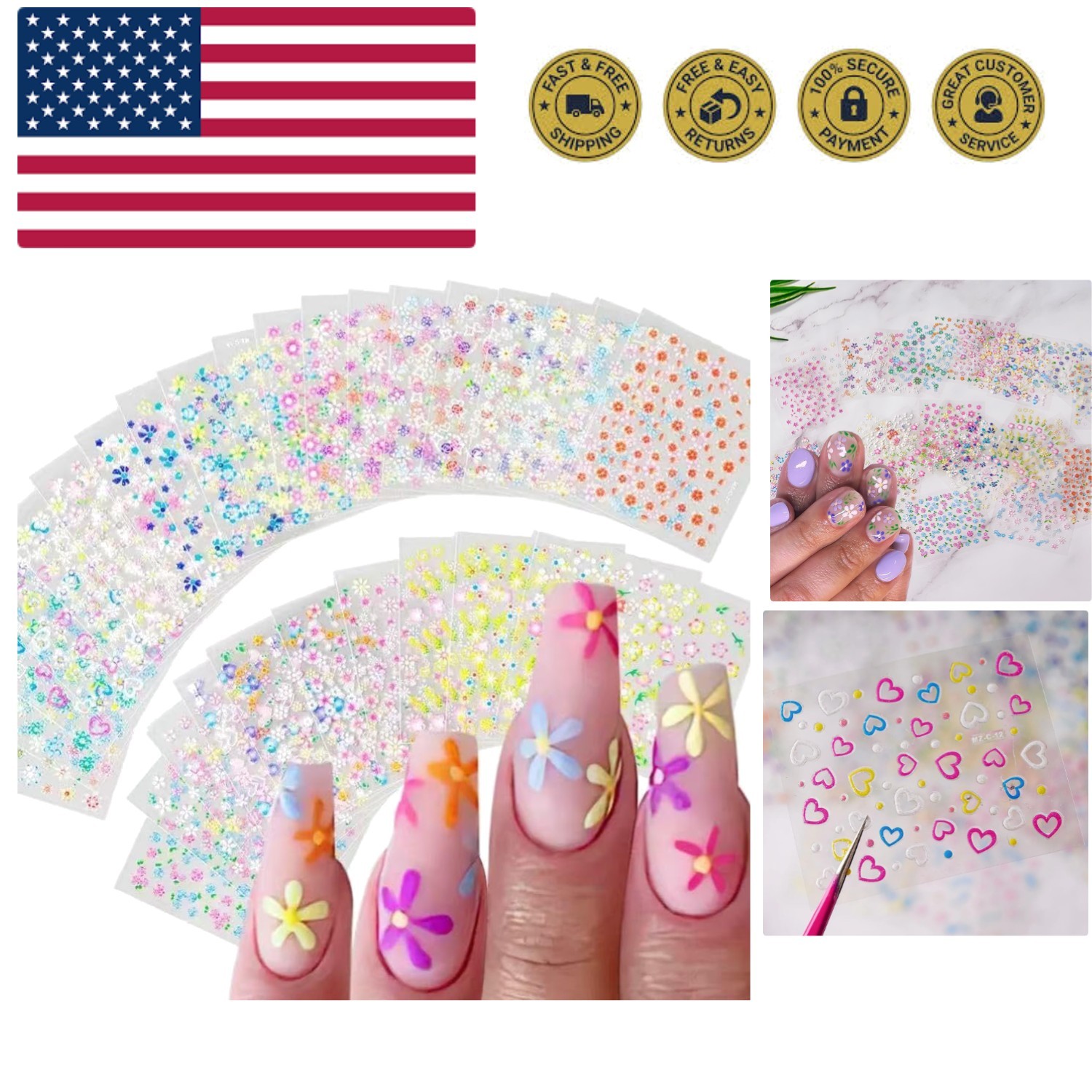 Flowers Nail Art Stickers Decals Colorful Flower Rose Daisy Cherry Blossoms N...