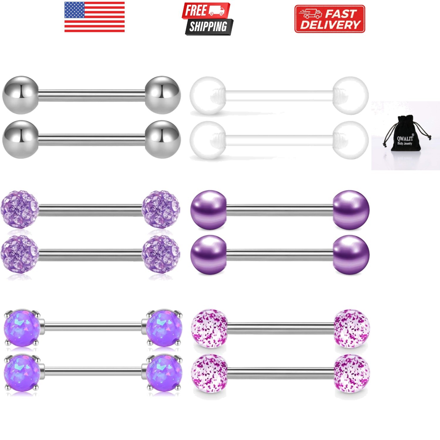 Tongue Rings Nipple Rings 14G Nipplerings Straight Barbell Surgical Steel Nip...