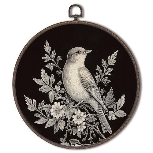  Vintage Rustic Bird Floral Round Framed Wall Art Decor, Dark 10"L x 10"W Black