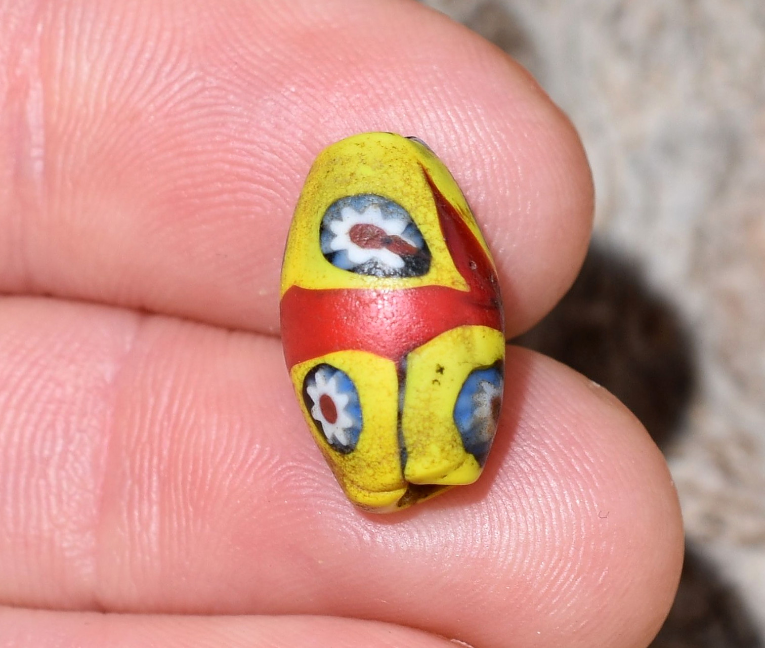 Antique Venetian Semi Oval Millefiori Glass Bead Red Center Stripe African Trade