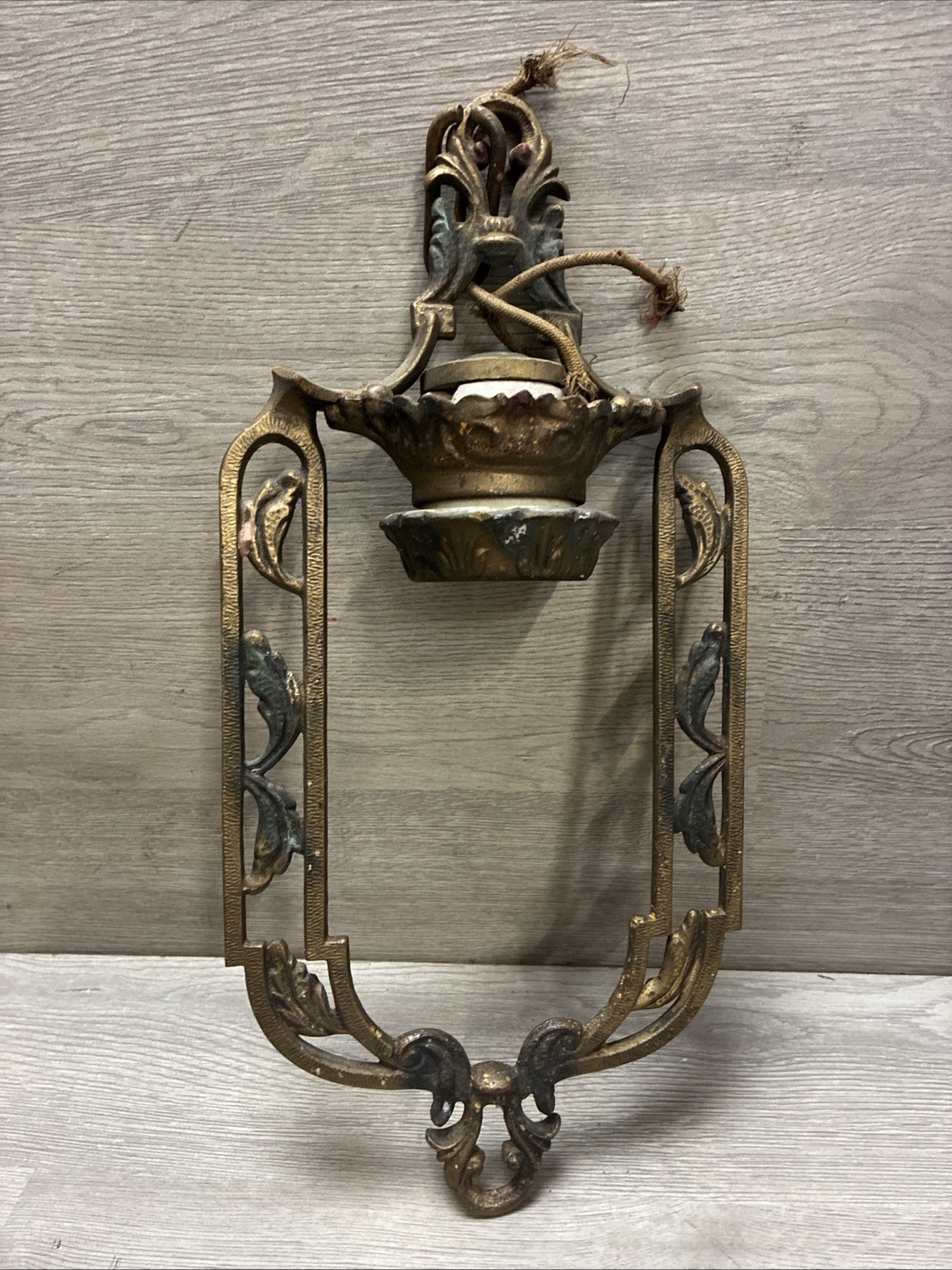 Antique Art Nouveau Polychrome Ceiling Hanging Light Golds Greens 13x6.5”