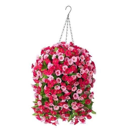 Artificial Flowers with Hanging Basket, Outdoor Faux Plants Silk Hot Pink