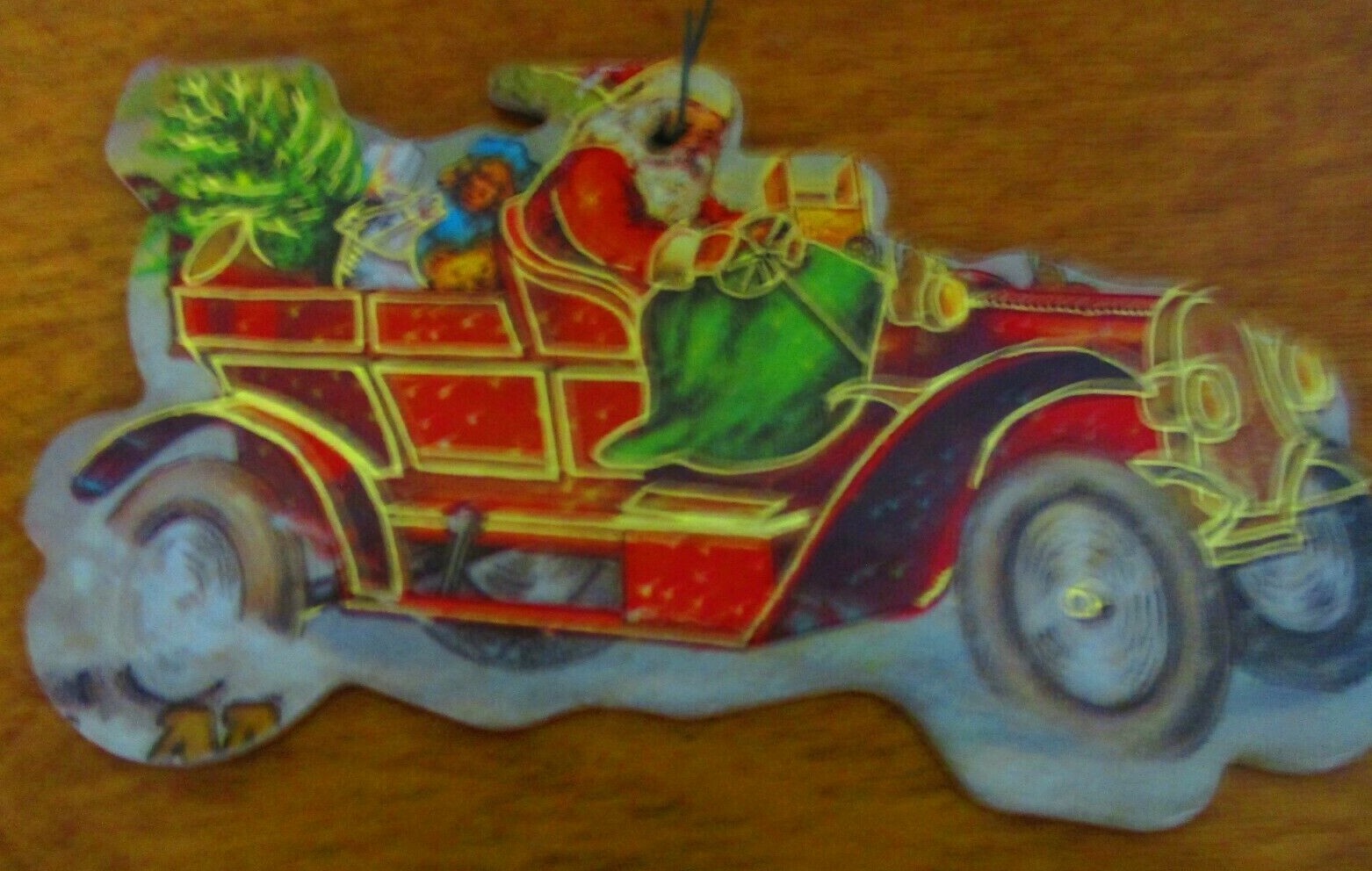 Cardboard Santa Claus in Car with Gifts, 1970's, Excellent Condition with Hanger