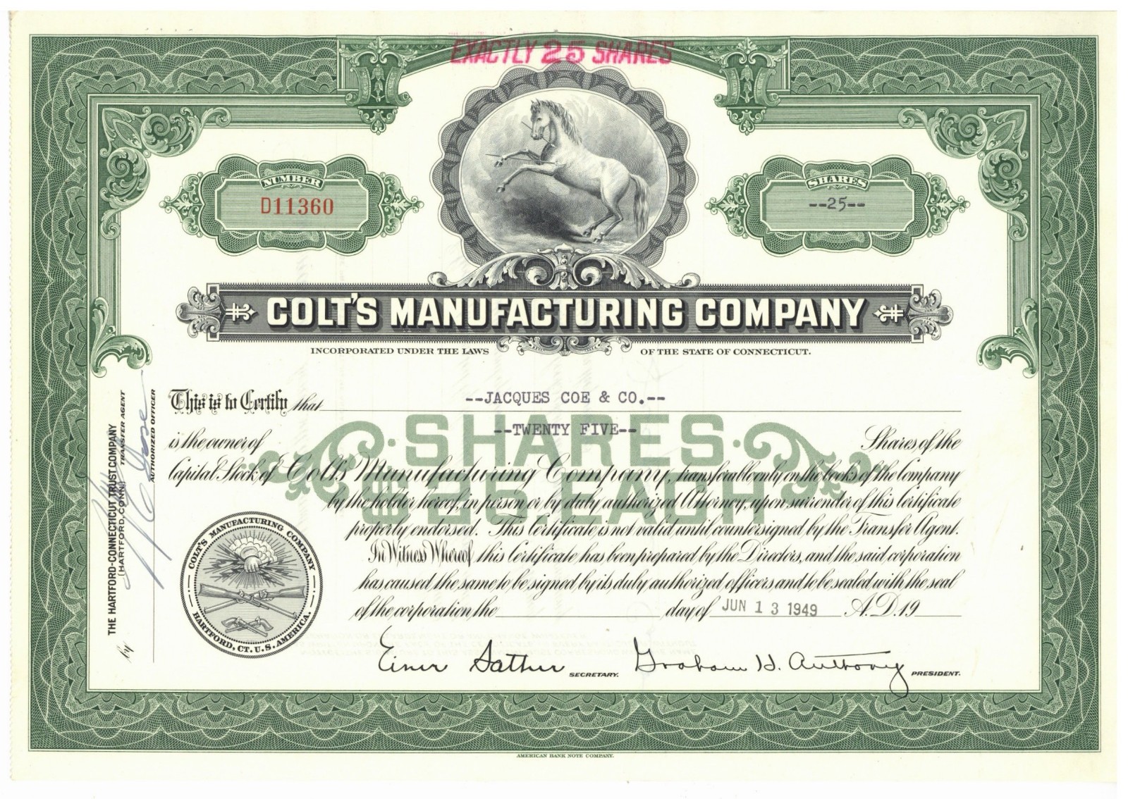 Colt' s Manufacturing Company. Stock Certificate. 1949