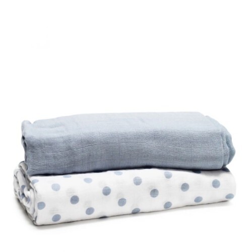 Onkaparinga Bamboo Cotton Muslin Printed and Plain Baby Wrap, Pack of 2 (Blue/Do