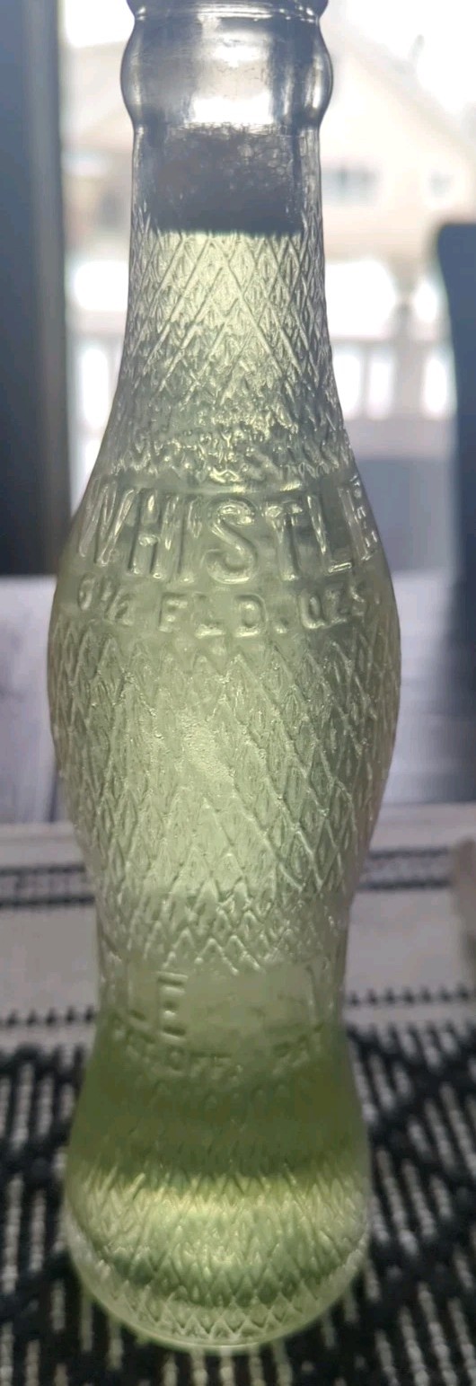 Vtg Whistle Soda Clear Embossed Glass Bottle hourglass