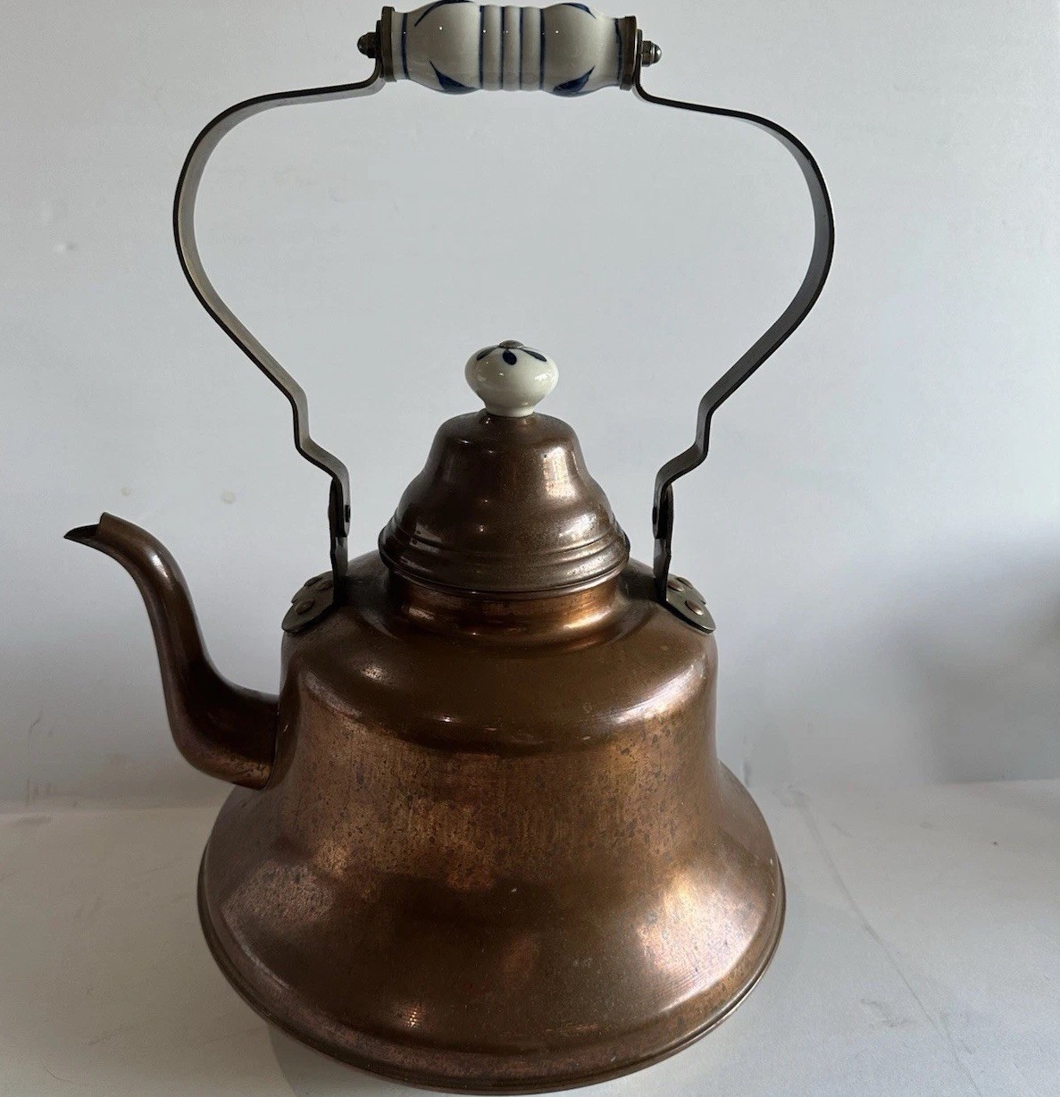 VTG X-Large Copper Kettle Made in Portugal Metalutil Blue And White Handle 16”