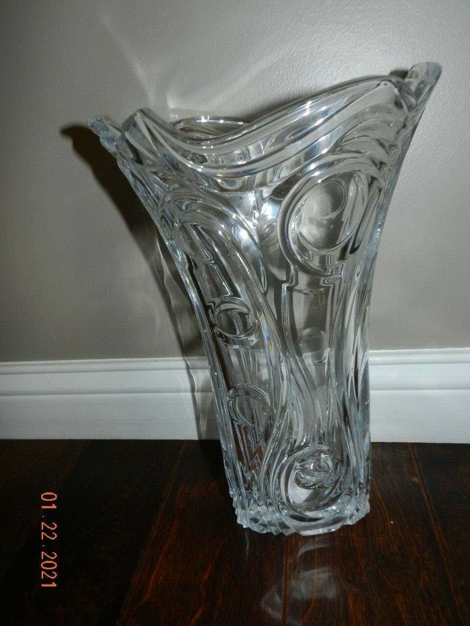 Bohemian Czech Vintage Crystal 14" Tall Vase Scroll Oval 24% Lead Glass
