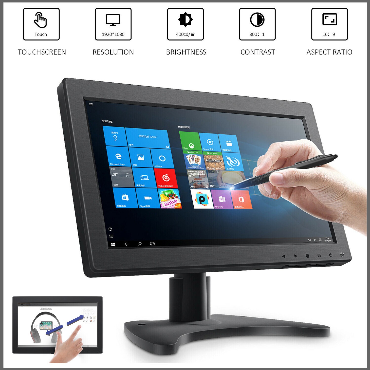 11.6 "CCTV Portable Monitor 1920x1080 Touch Screen HDMI/VGA for Raspberry Pi