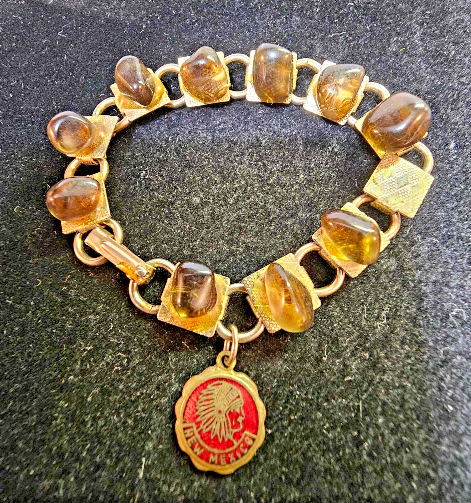 Vtg Goldtone Bracelet w/ Smoky /Brown Stone & New mexico Charm 7.25" -READ- S60