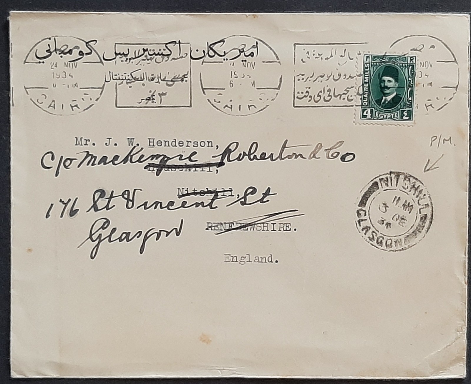 z(EGY-210) Egypt 1934 registered cover from Cairo to Glascow