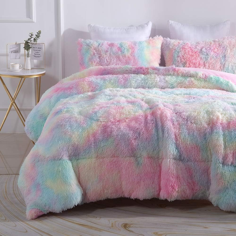 Faux Fur Plush Rainbow Comforter Set Fluffy Fuzzy Shaggy Bedding Set - 3PC Full/