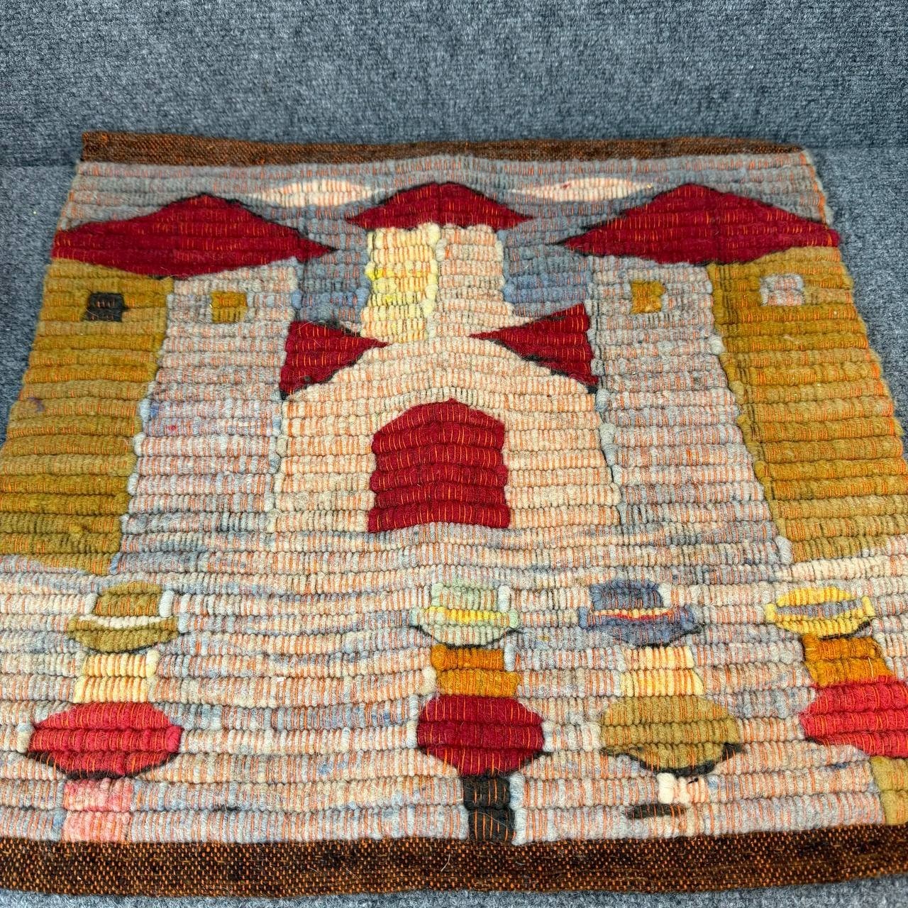 Vintage Handwoven Wool Wall Hanging Textile Houses Design 18x19 Inches