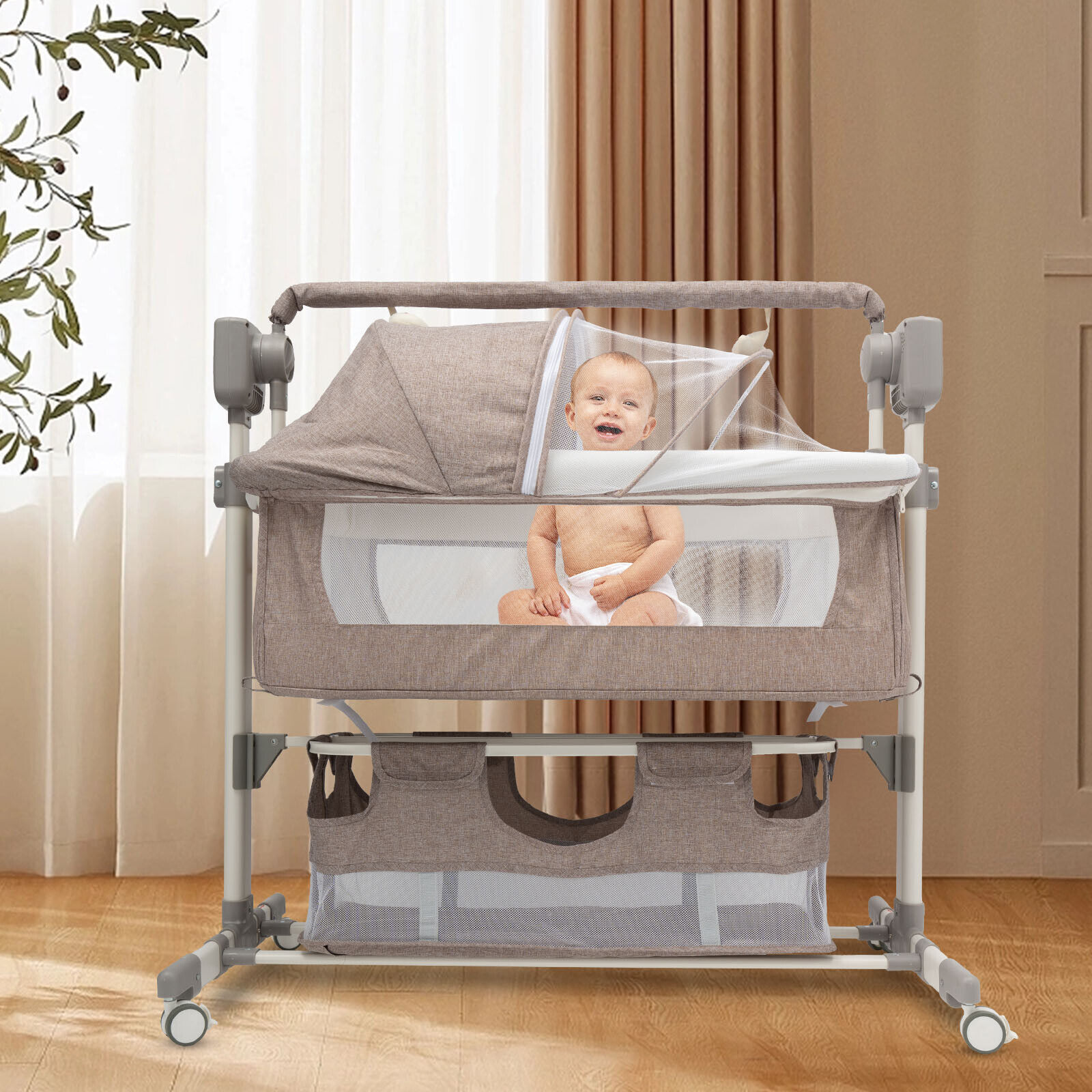 Smart Baby Bassinet Bedside Sleeper Automatic Cradle Music Play Timing Function
