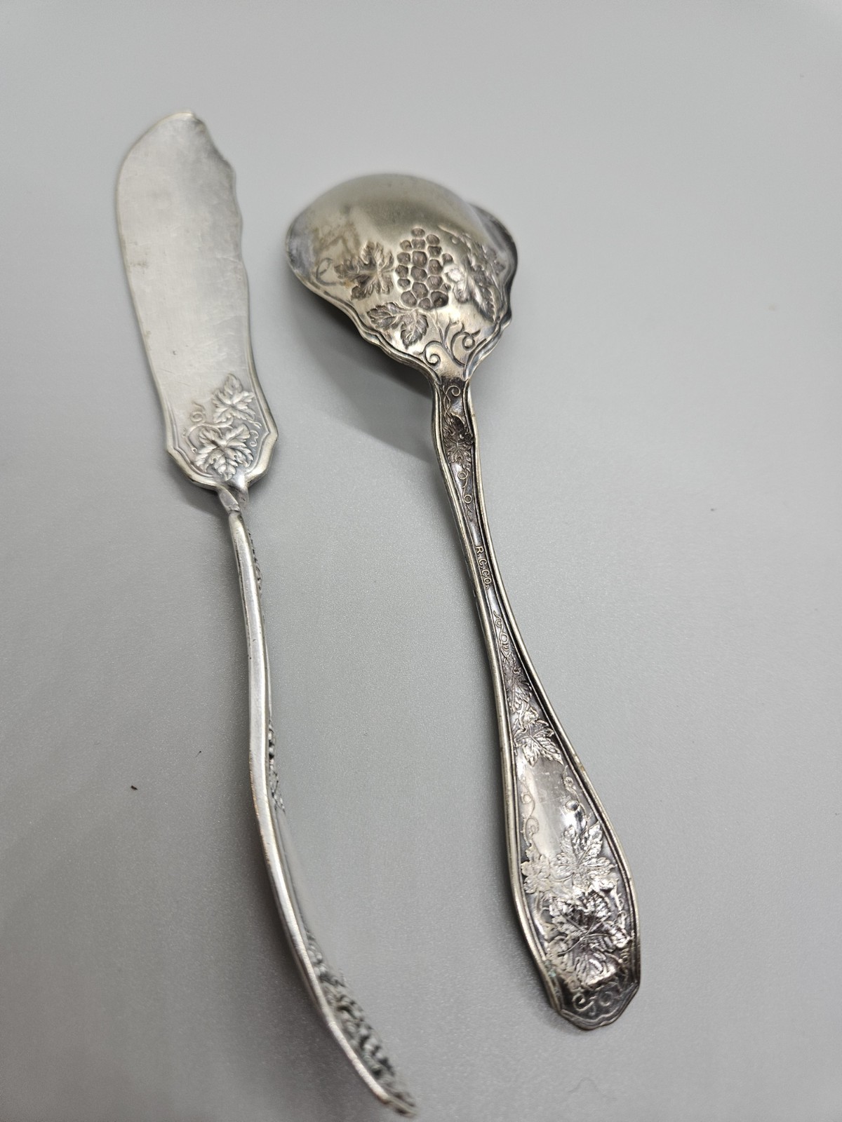 Vintage 1904 R.C. Co Silverplate Grape Pattern Sugar Spoon & Master Butter Knife