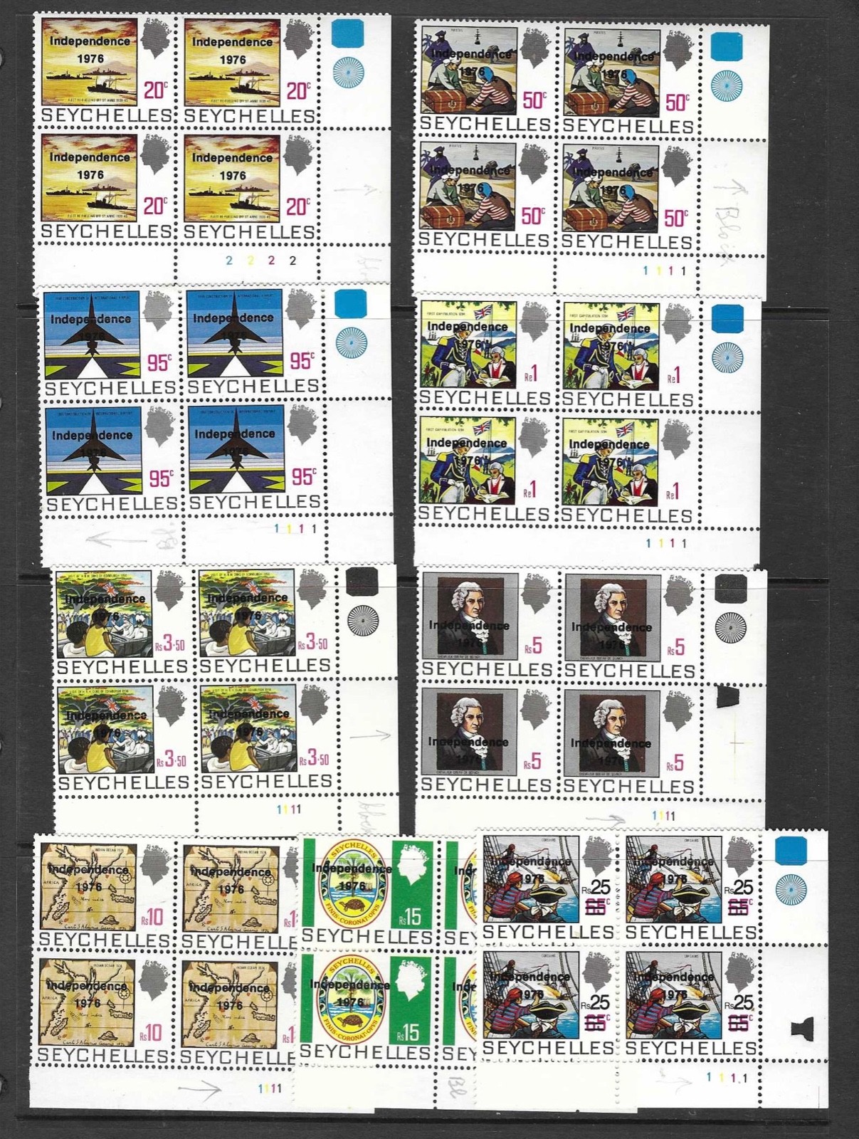 Seychelles 1976 MNH Opt Independence 1976 sg 374/82 Blocks of 4