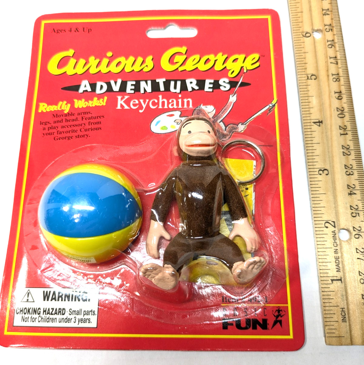 Vintage Curious George Keychain Basic Fun NEW in Package 1998 w Ball Monkey