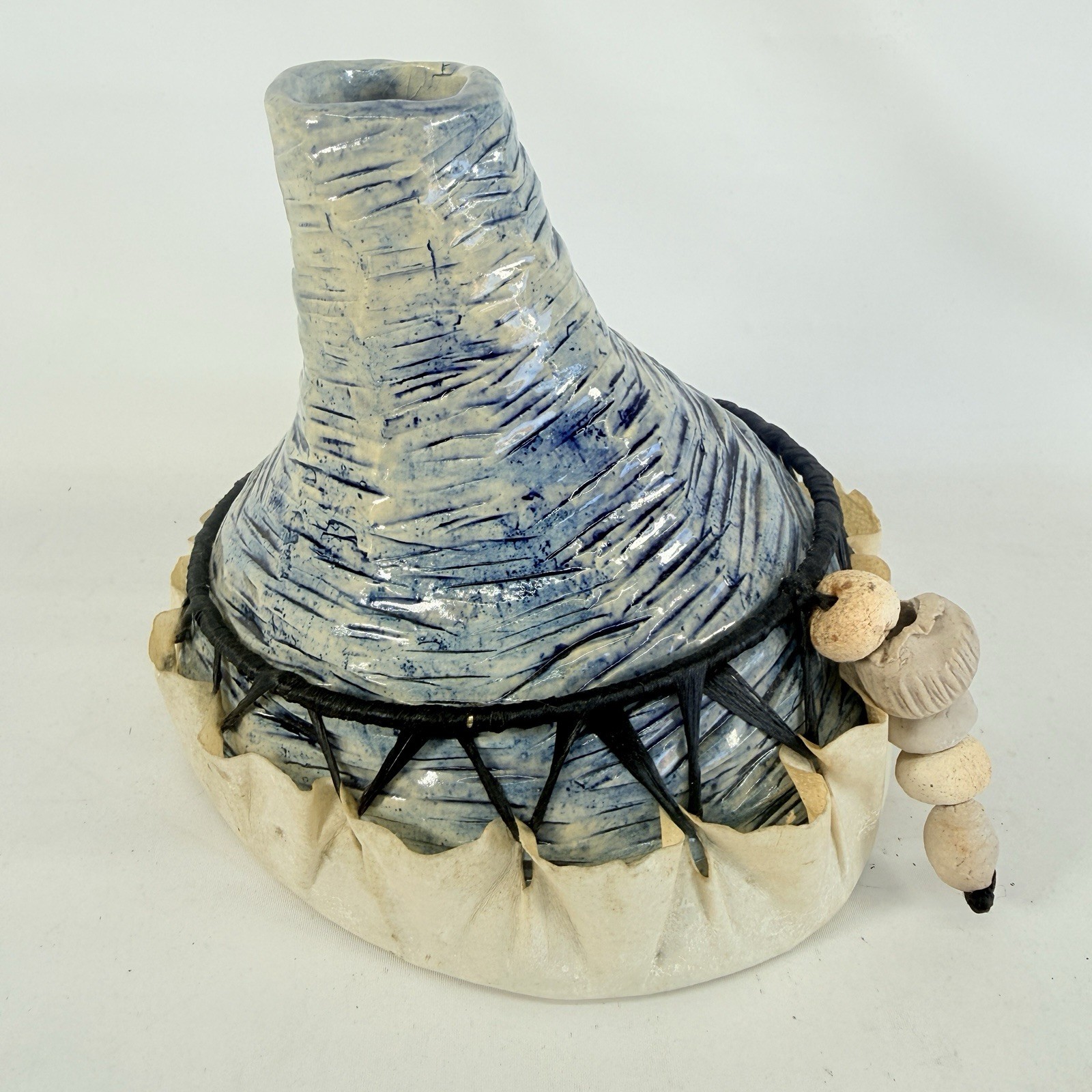 Vintage Handmade Drum Pottery Clay Lap Decor Blue B