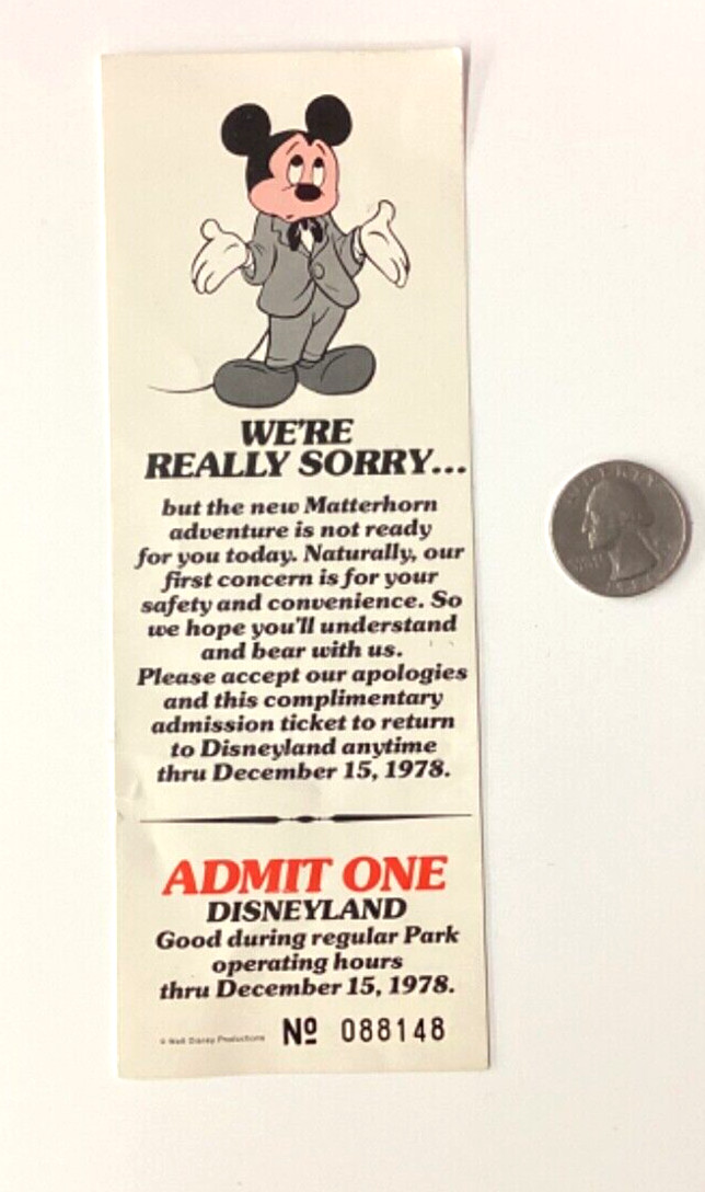 UNUSED EXPIRED Disneyland Park ReAdmission Ticket 1978 new Matterhorn preview