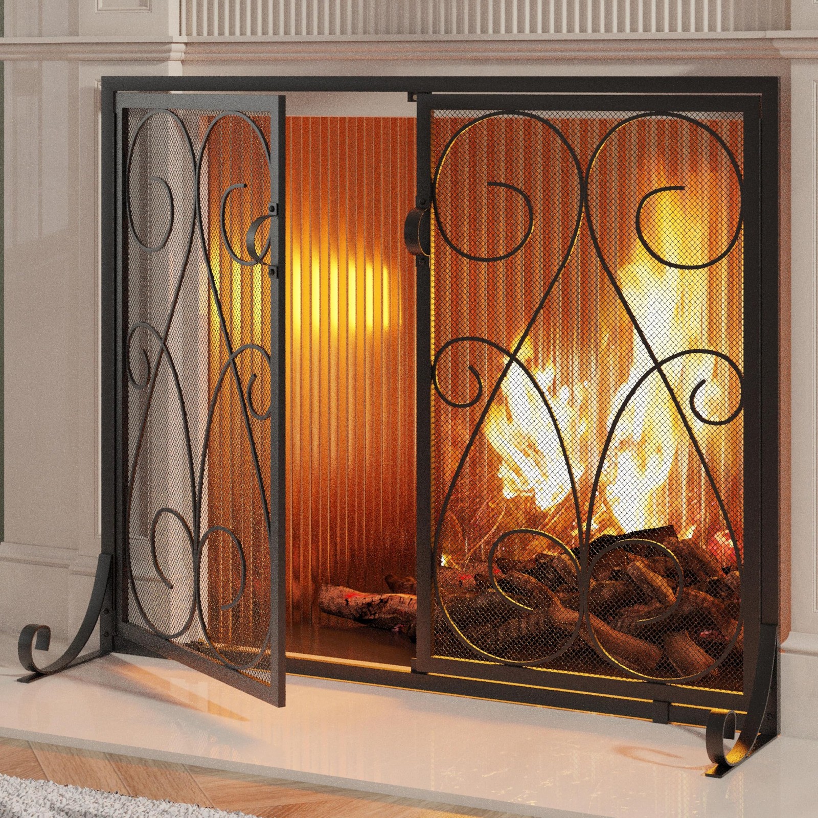 Kingson 2-Panel Fireplace Screen with Doors Handcrafted Wrought Iron Black 