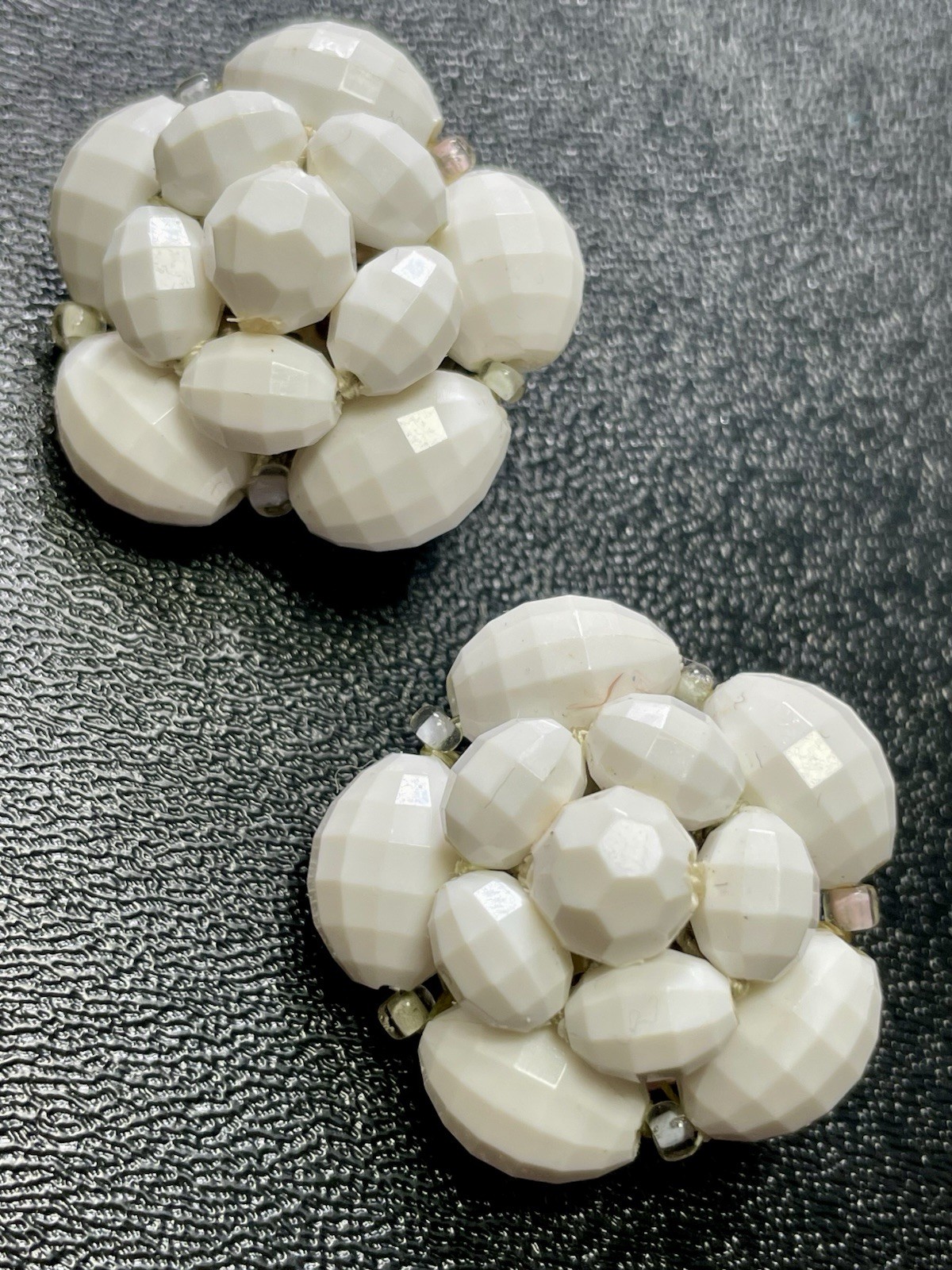 Vintage Signed WEST GERMANY Faceted White Lucite Cluster Clip Earrings