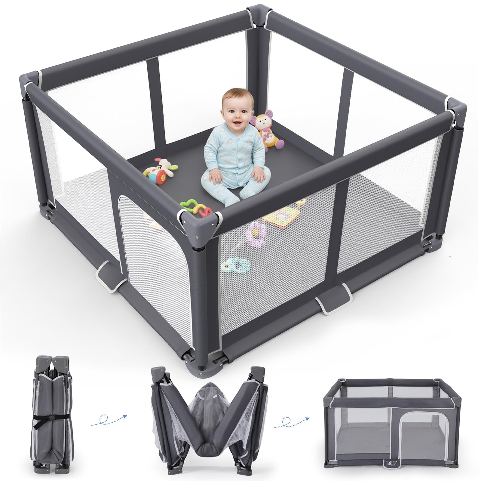 Foldable Baby Playpen - 50"x50" Safety Play Yard 50"×50", Dark Grey 