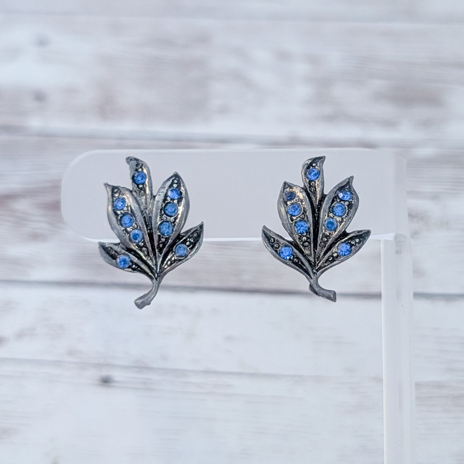 Vintage Screw On Earrings Leaf with Blue Gems - Metal Tarnished to Dark Shade