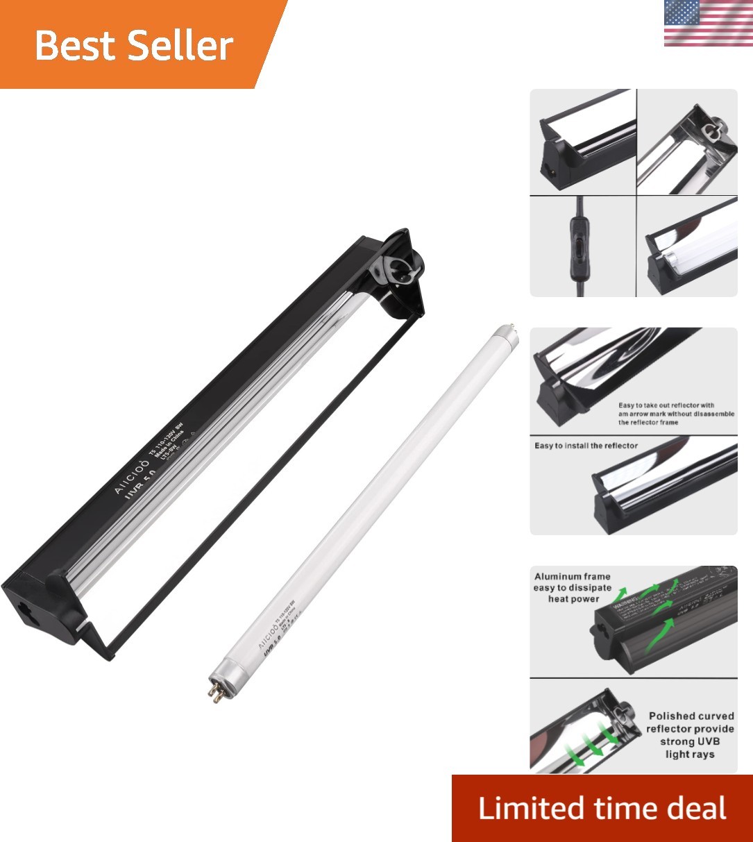 T5 UVB Lighting Combo Kit 8W - Reptile Light Fixture and T5 5.0 UVB Light Bul...