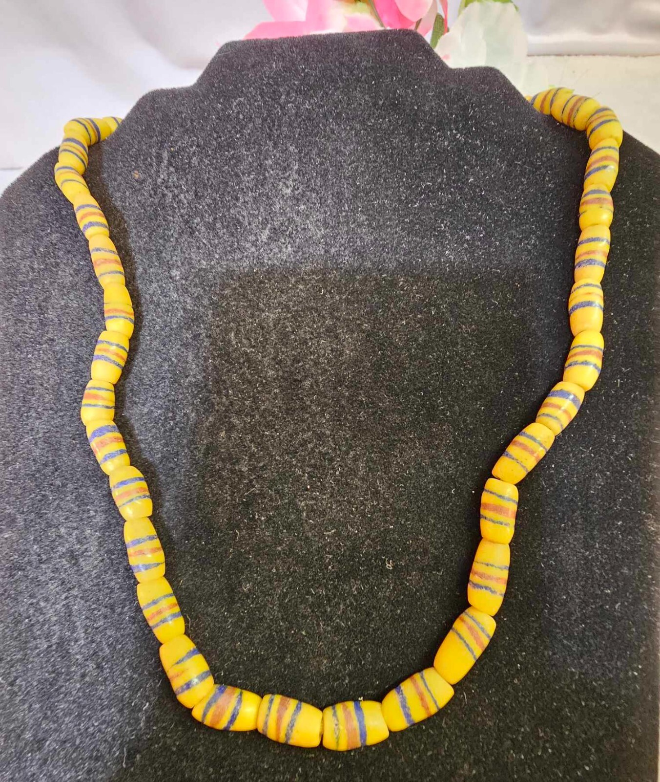 Vtg Yellow Blue Striped Venetian Glass Beads Africa/Native American Necklace 22"