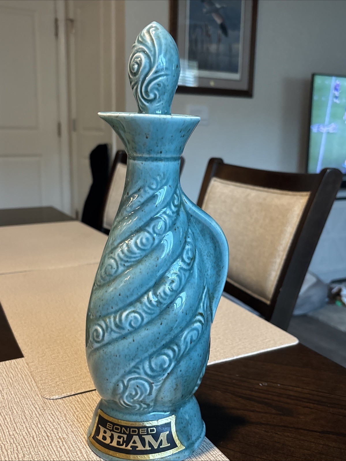 Jim Beam 1966 Genuine Regal China Speckle Turquoise Decanter Swirl Cork Stopper