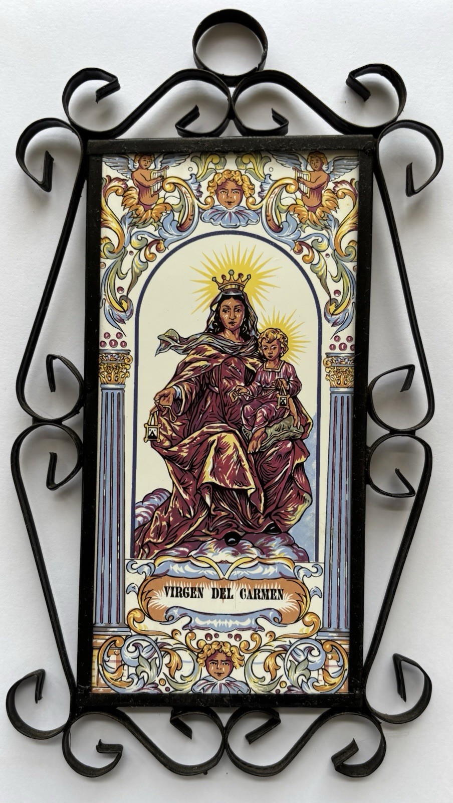 Vintage Spanish Tile Catholic Virgin Virgen Del Carmen Spain W Metal Frame