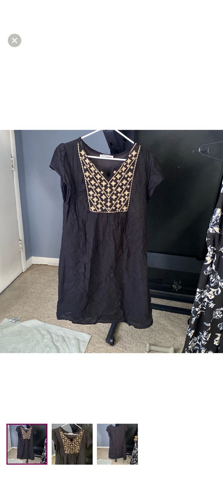 Jaypore Black Beige V-Neck Short Sleeve Knee A-Line Embroidered Cotton Dress M