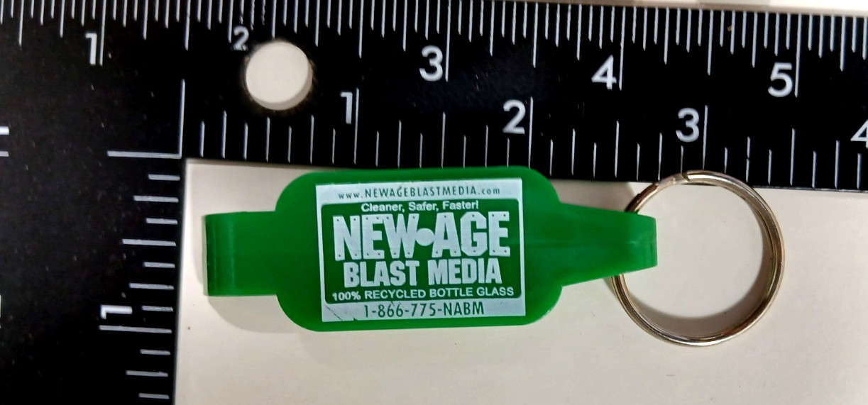 Vtg BOTTLE OPENER NEW AGE BLAST MEDIA PLASTIC Key Ring Advertising Novelty