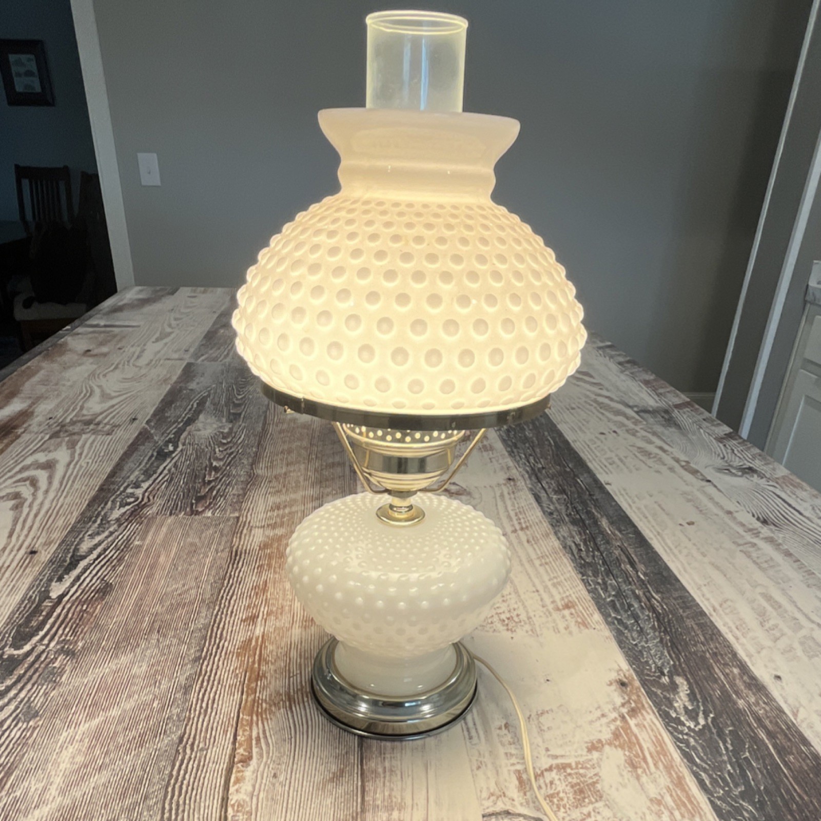 White Hobnail Glass Electric Table Lamp Milk Glass Round Shade Included